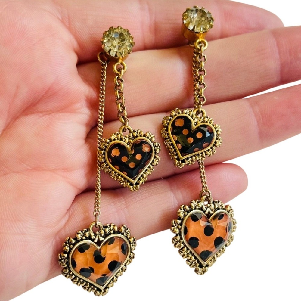 Betsey Johnson BJ polka dot heart dangle Earrings VTG gold tone pierced Y2K rare